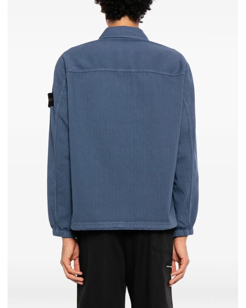 Stone Island Blue Compass-Patch Herringbone Shirt for men