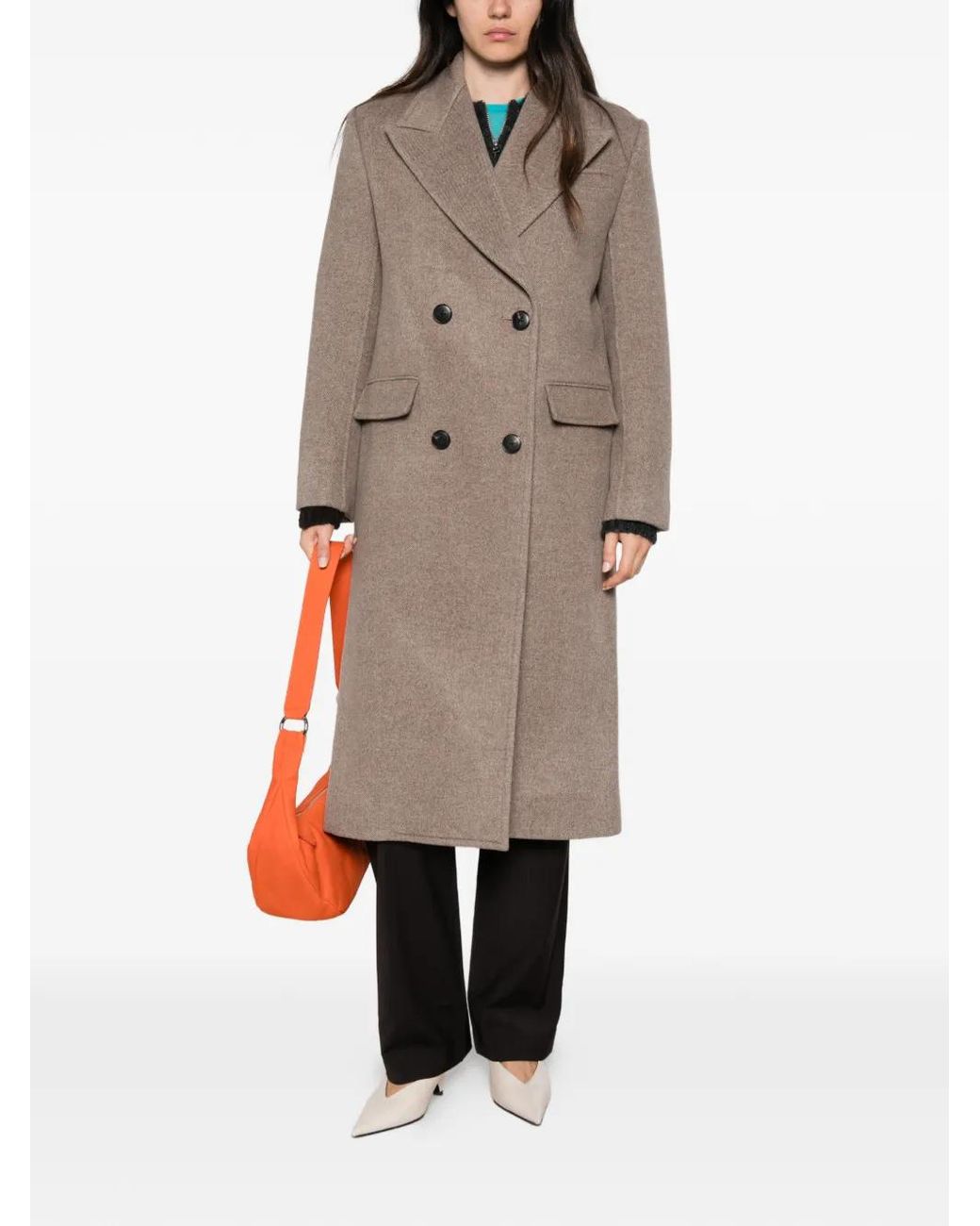 Tory Burch Natural Double-Breasted Wool Coat