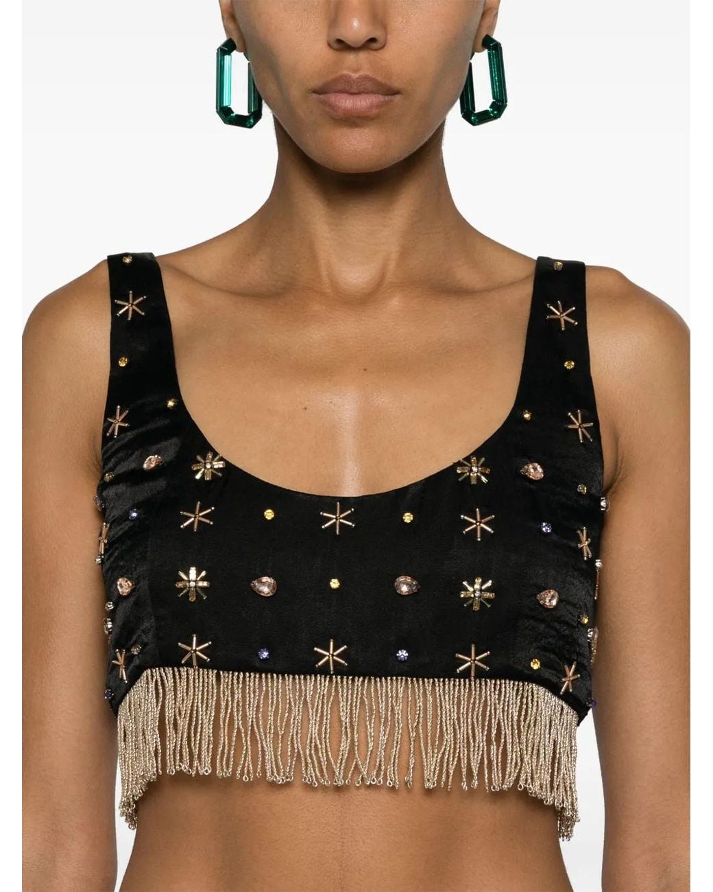 Forte_forte Black Fringed Bead-Embellished Crop Top