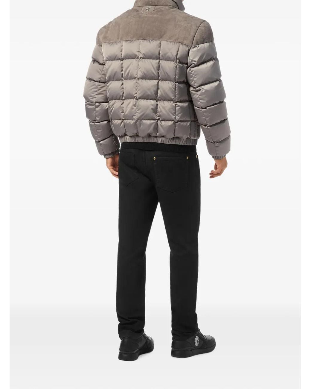 Billionaire Gray Quilted Suede-Panel Puffer Jacket for men