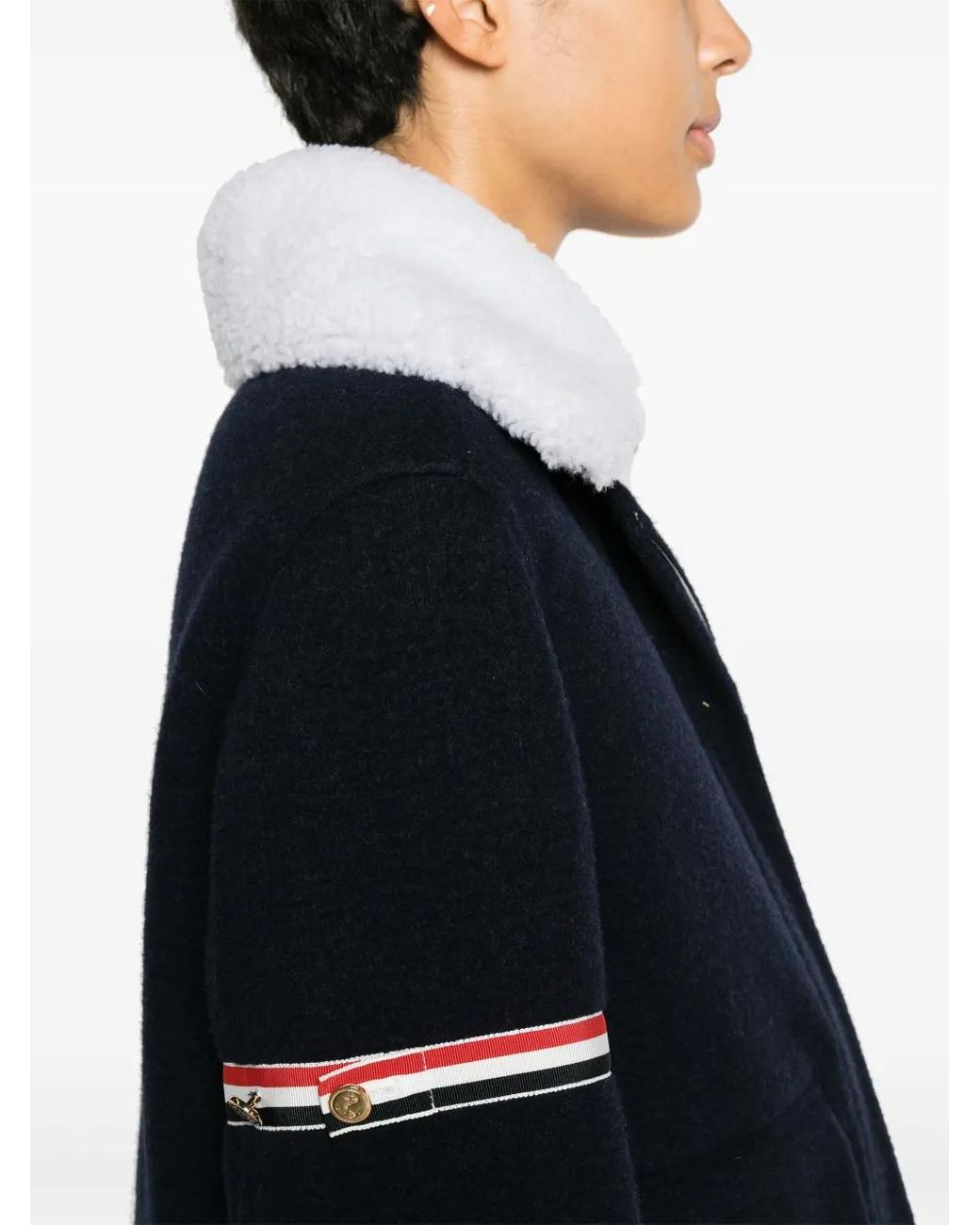 Thom Browne Black Wool Cashmere Armband Bell Sleeve Jacket With Shearling Collar