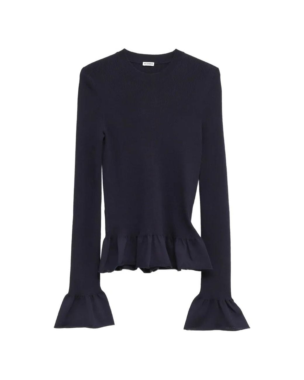 Jil Sander Blue Pull En Maille Nervurée À Volants