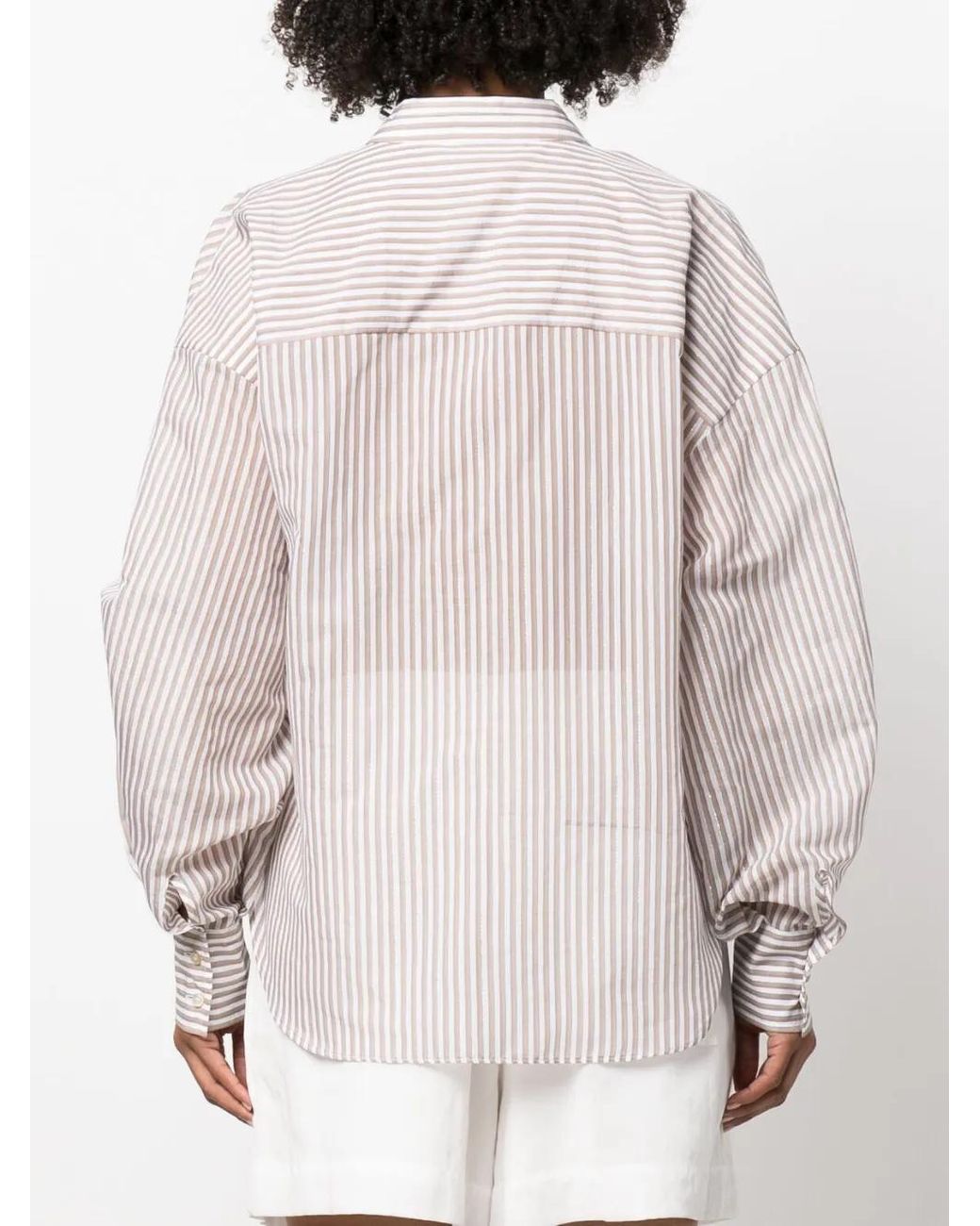 Brunello Cucinelli Pink Split-Neck Striped Blouse