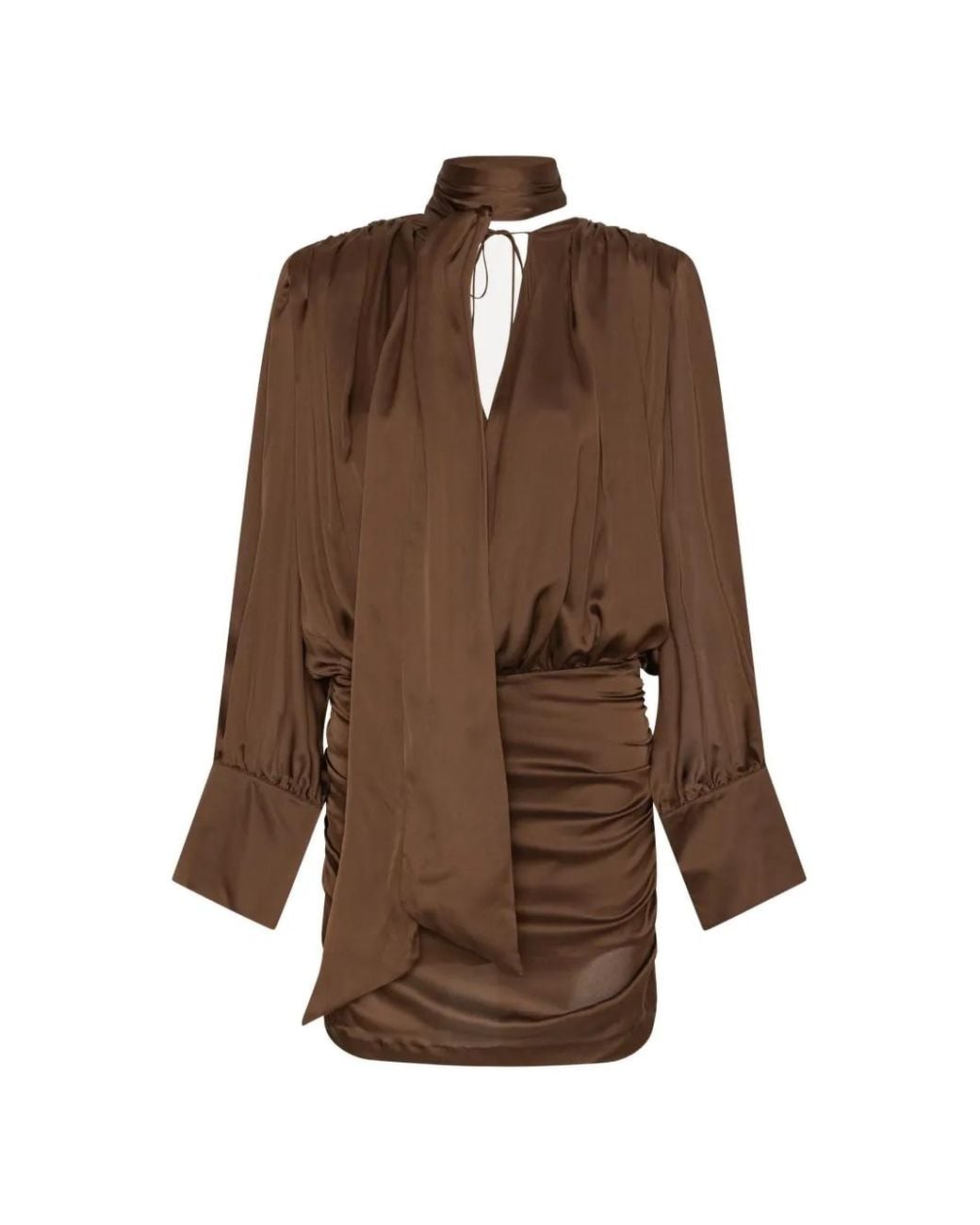 ROTATE BIRGER CHRISTENSEN Brown Chiffon Ls V-Neck Dress Dark