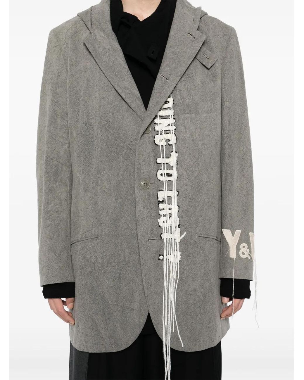 Yohji Yamamoto Gray Logo-Print Wool Hooded Jacket for men
