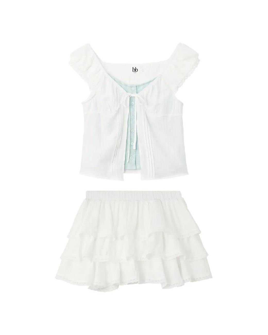 B+ AB White Ruffled Tiered Blouse And Mini Skirt Set