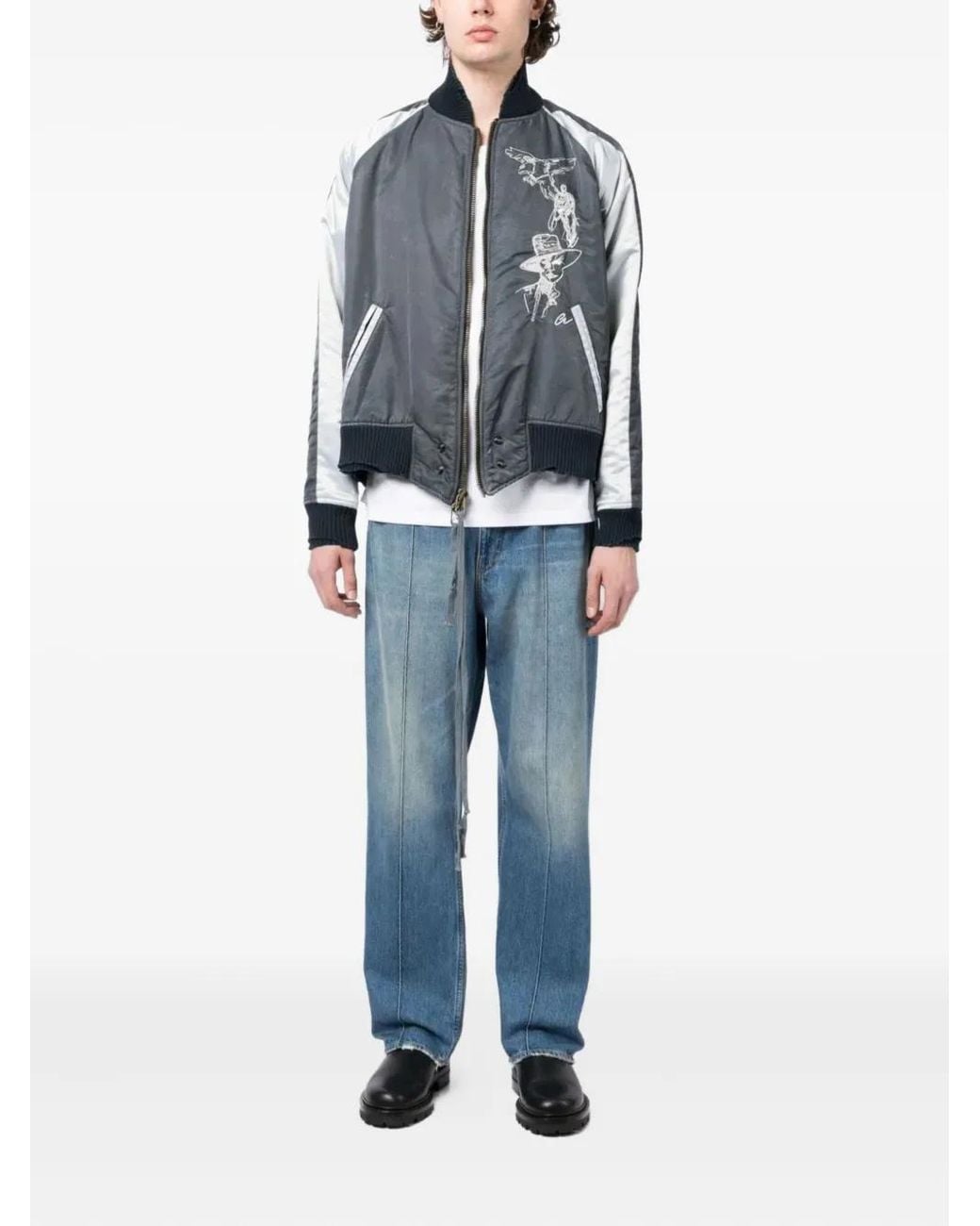 Greg Lauren Blue Embroidered Bomber Jacket for men