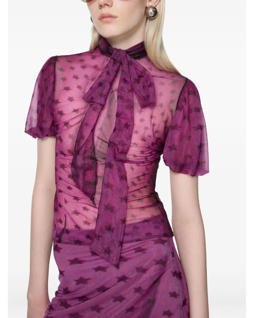 Acne Purple Star-Print Puff-Sleeve Top