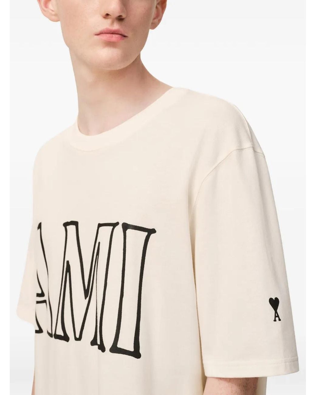 AMI White Short Sleeves Blanc Creme Cotton T-Shirt