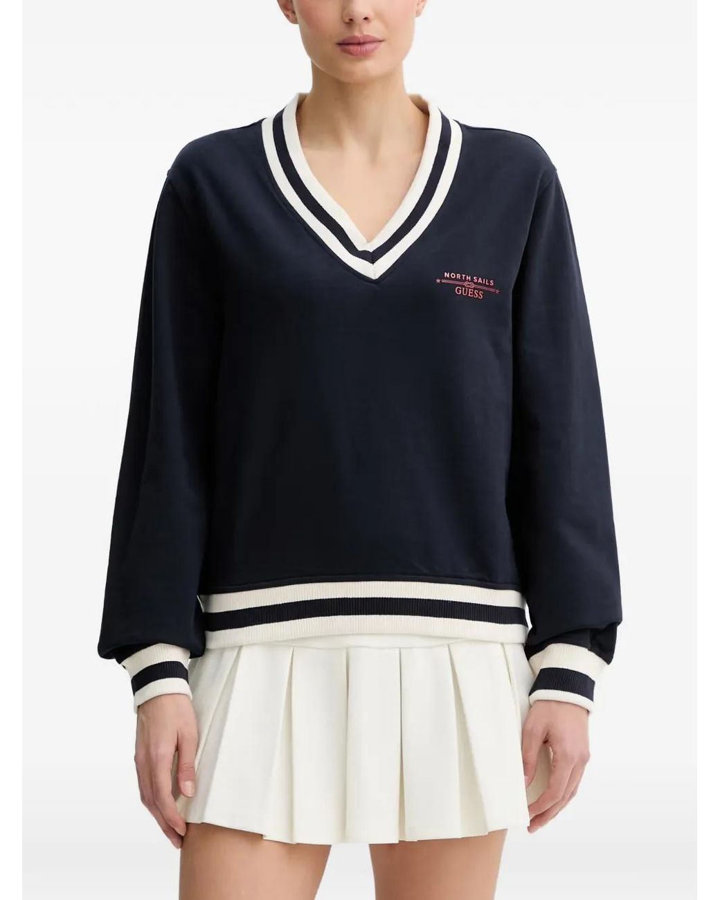 Guess Blue X North Sails Striped-Trim V-Neck Sweatshirt