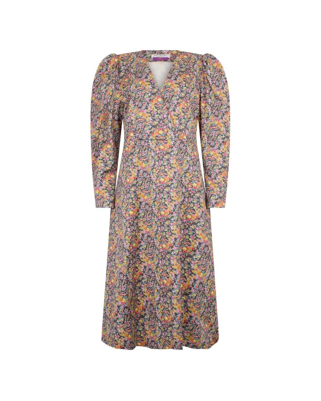 Philosophy Di Lorenzo Serafini Natural Puffed-Sleeve Floral-Print Dress