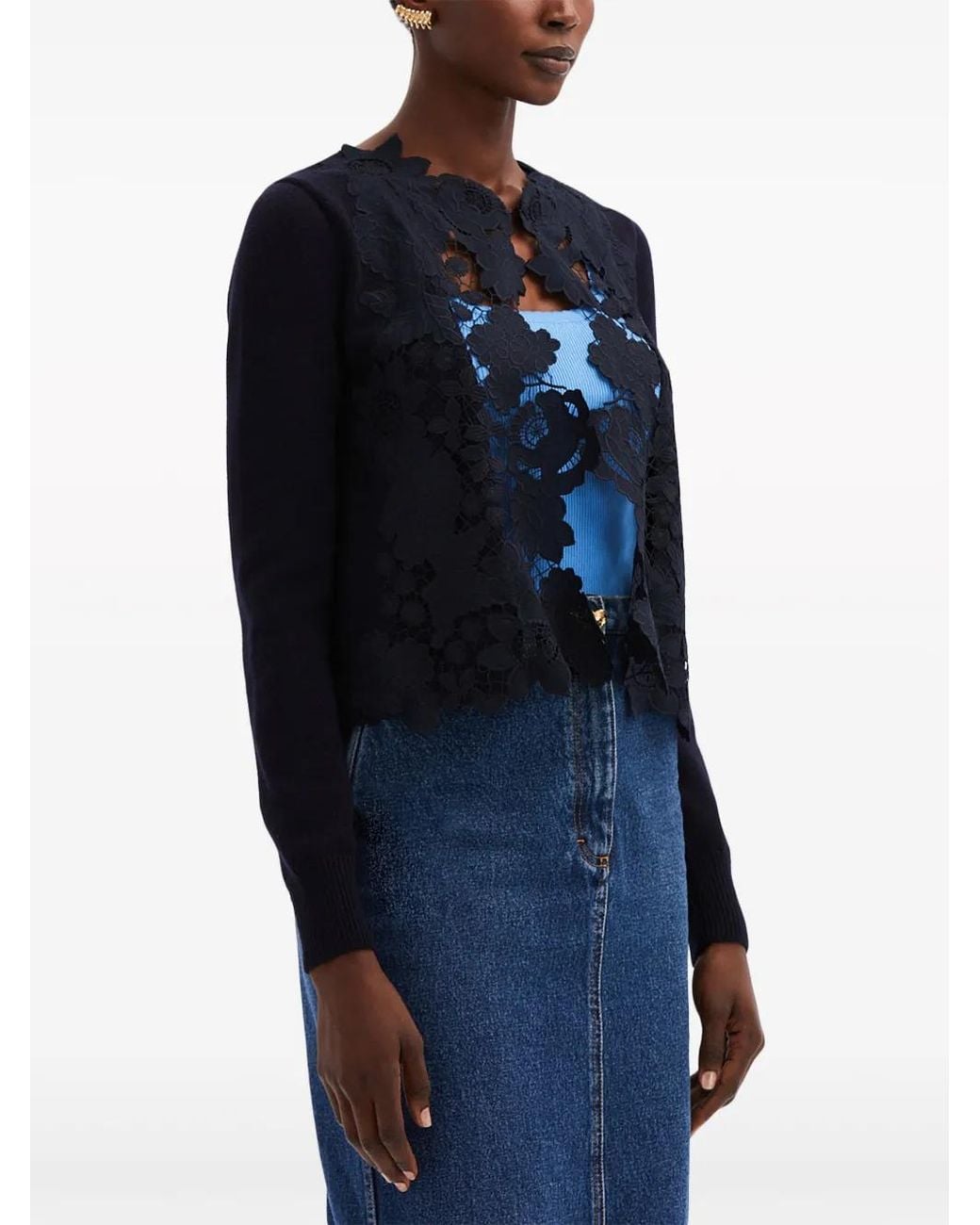 Oscar de la Renta Blue Mixed Botanical Lace-Panelled Cardigan