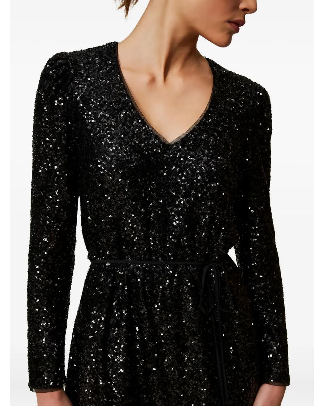 Twinset Black Sequin Puff-Sleeve Mini Dress