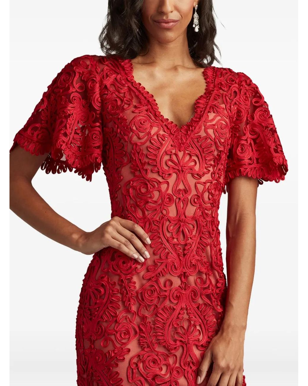 open lace back dress Tadashi Shoji - Red & Black Lace Applique Dress Sz 10