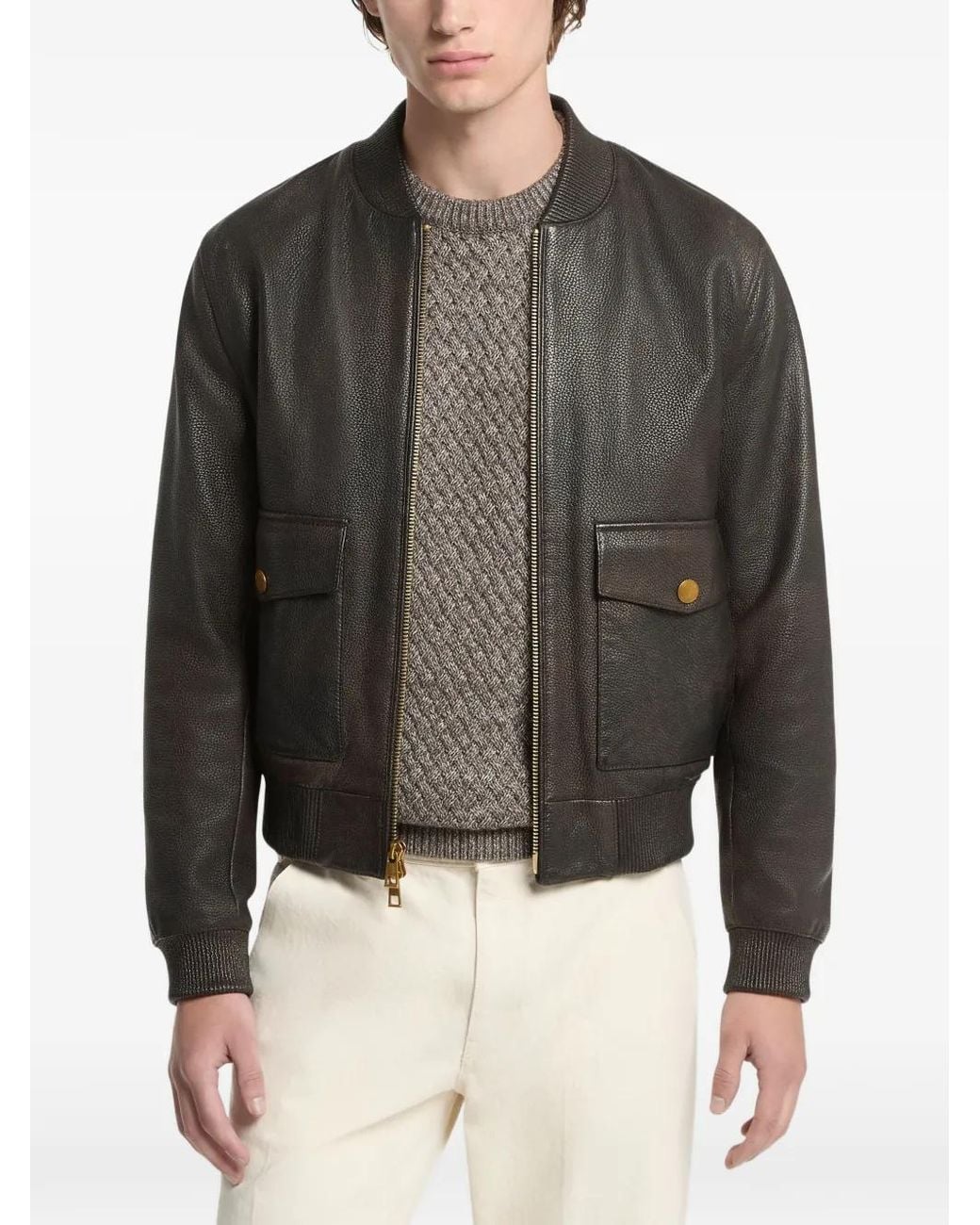 Michael Kors Gray Veste Bomber En Cuir À Fini Grainé for men