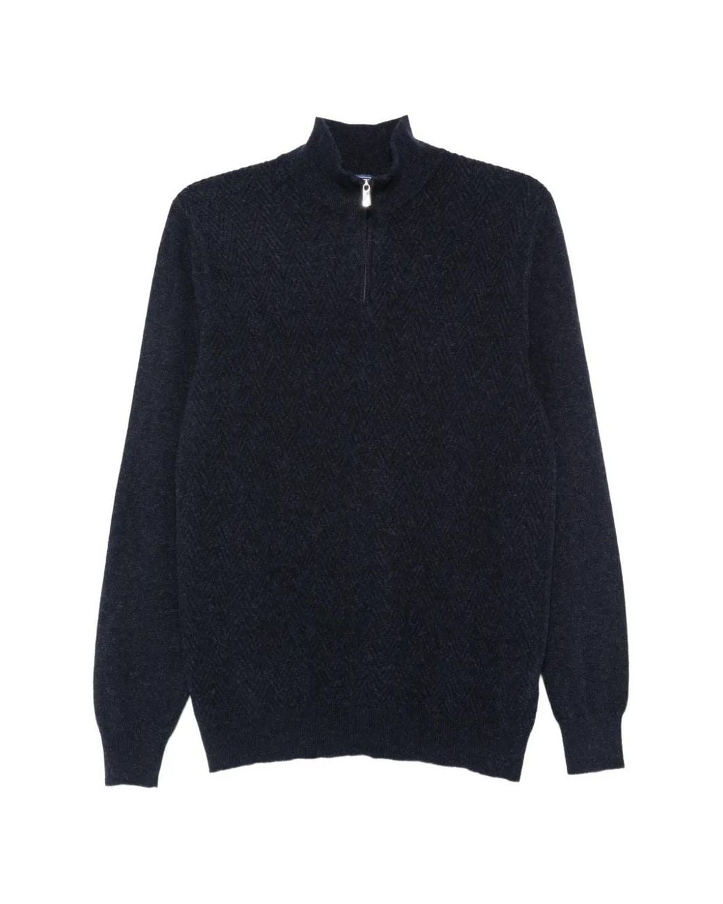 Fedeli Blue Chevron-Knit Quarter-Zip Sweater for men