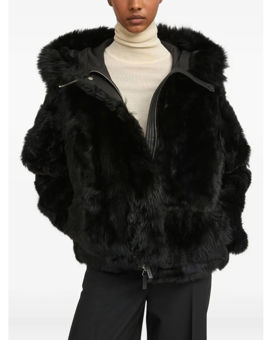 Yves Salomon Black Hooded Lambshearling Jacket