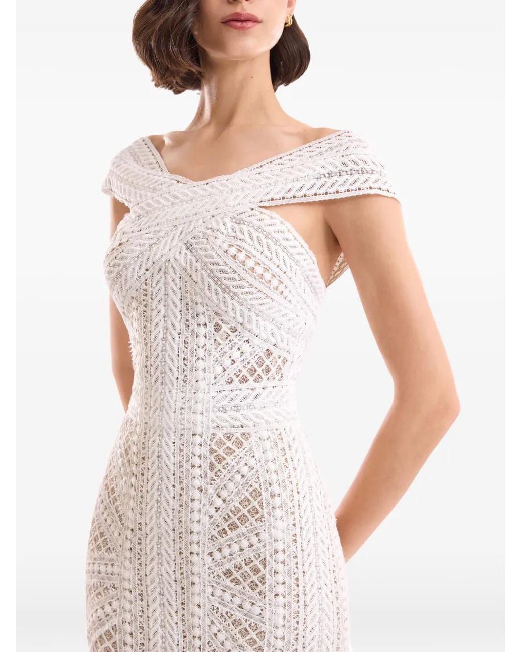 Gemy Maalouf White Geometric-Lace Off-Shoulder Dress