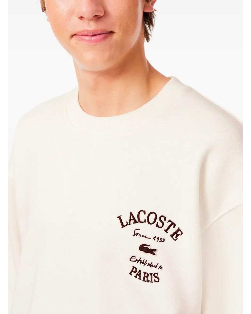 Lacoste White Embroidered Fleece Crew Neck Sweatshirt for men
