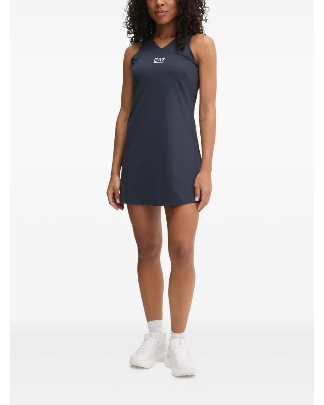 EA7 Blue V-Neck Logo Mini Dress