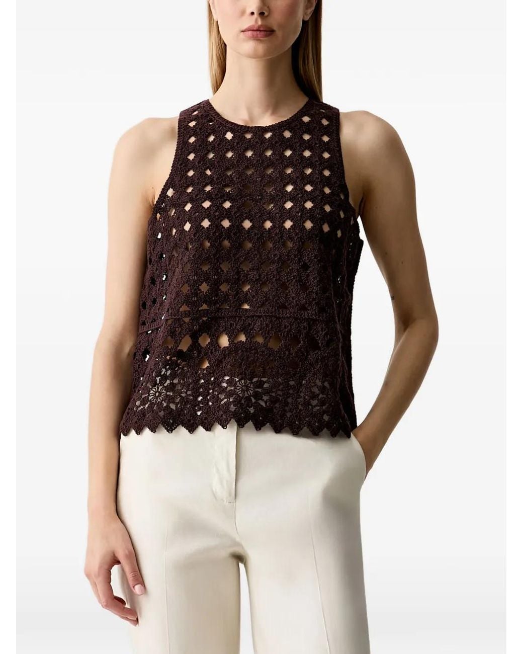 Sisley Brown Haut Sans Manches En Crochet À Bords Festonnés