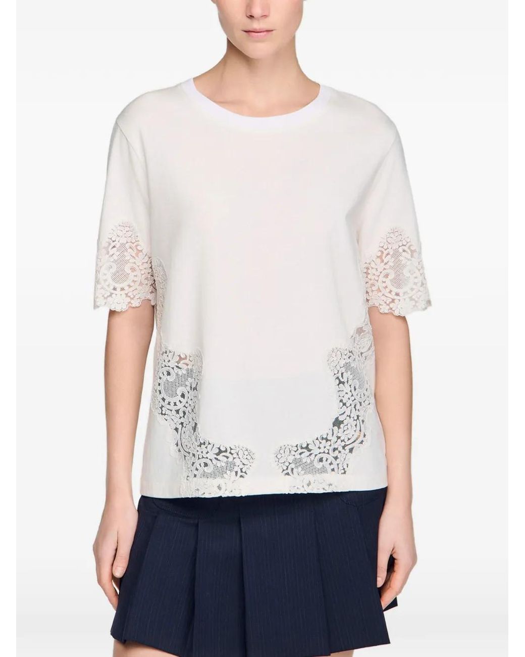 Sandro White Cotton T-Shirt With Lace Detail