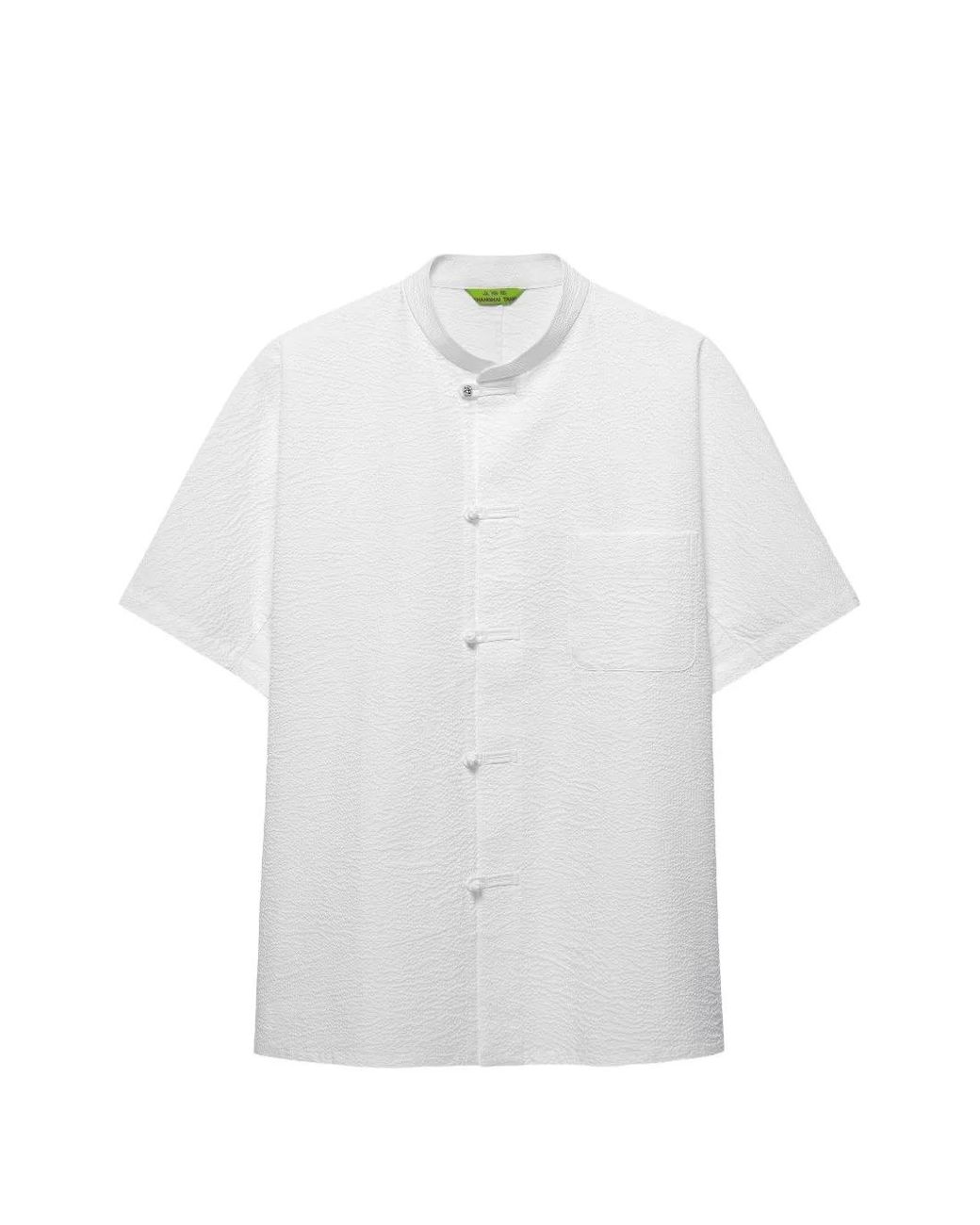 Shanghai Tang White Seersucker Frog-Fastening Shirt for men