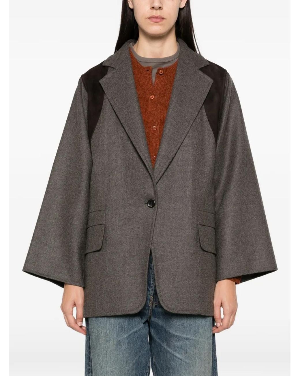 Max Mara Black Suede-Panel Notched-Lapel Jacket