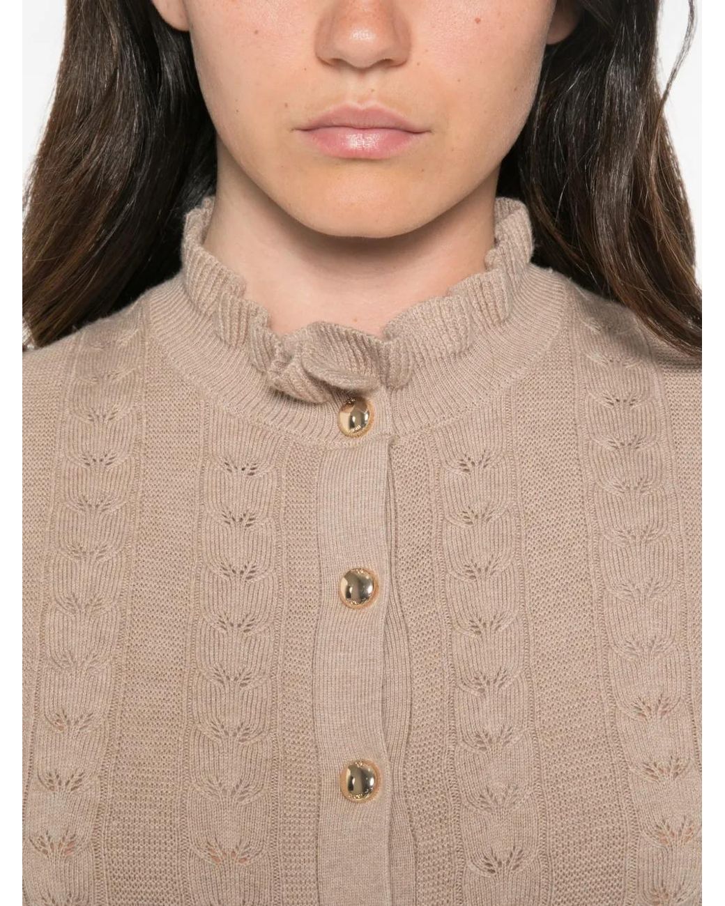 Maje Natural Ruffled-Neck Button-Up Midi Knitted Dress