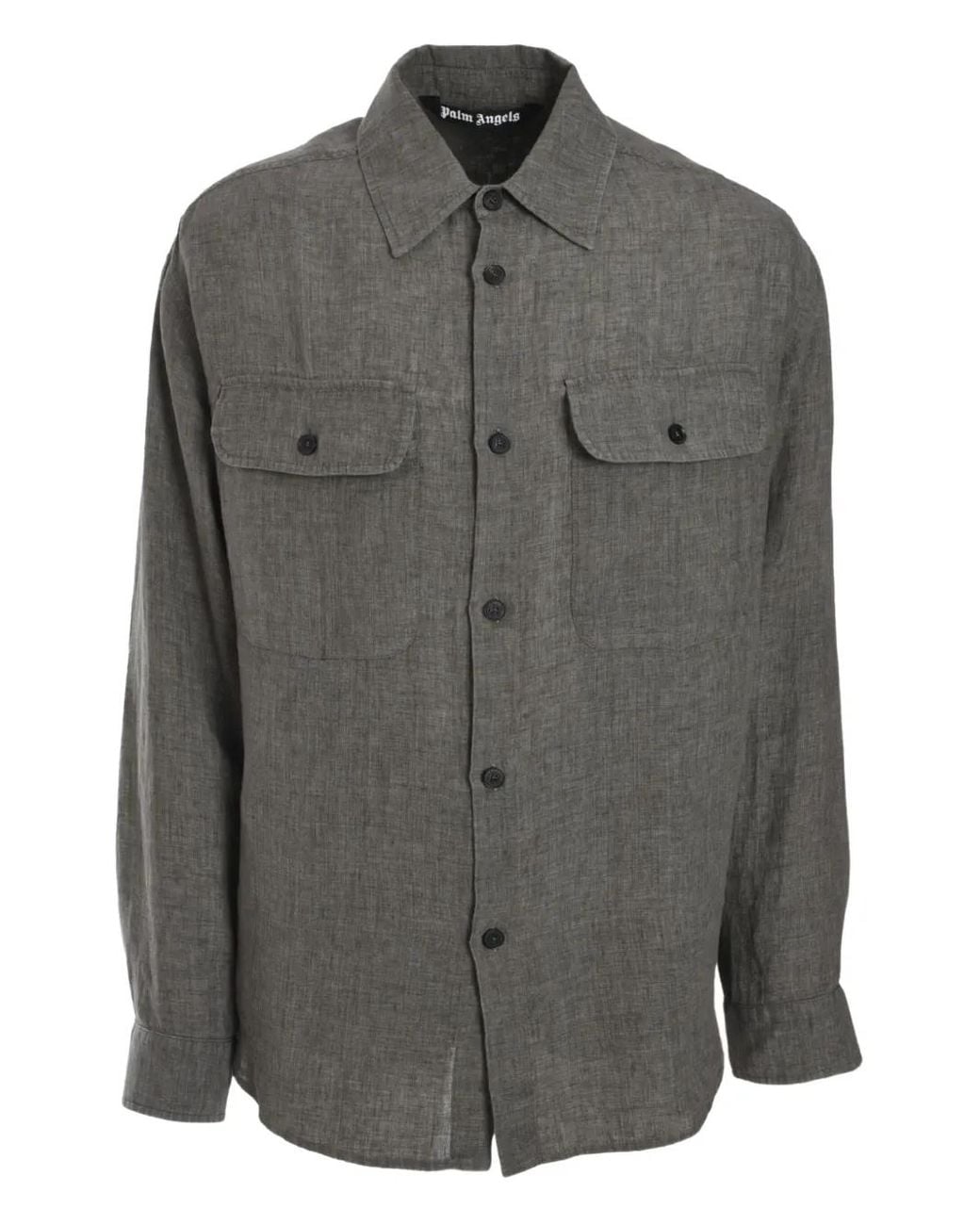 Palm Angels Gray Logo-Print Linen Overshirt for men