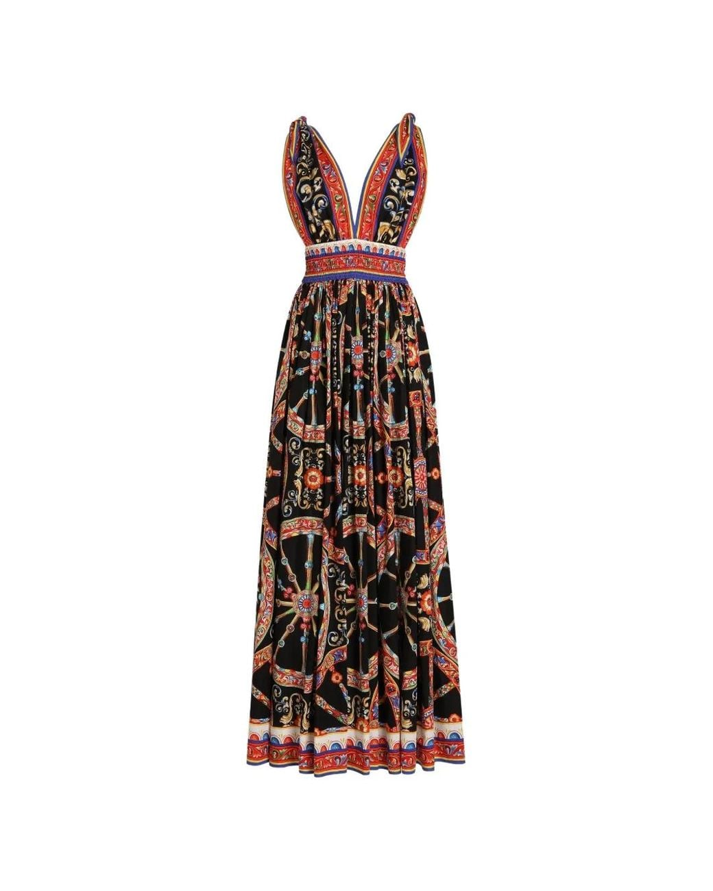 Dolce & Gabbana White Carretto-Print Long Poplin Dress