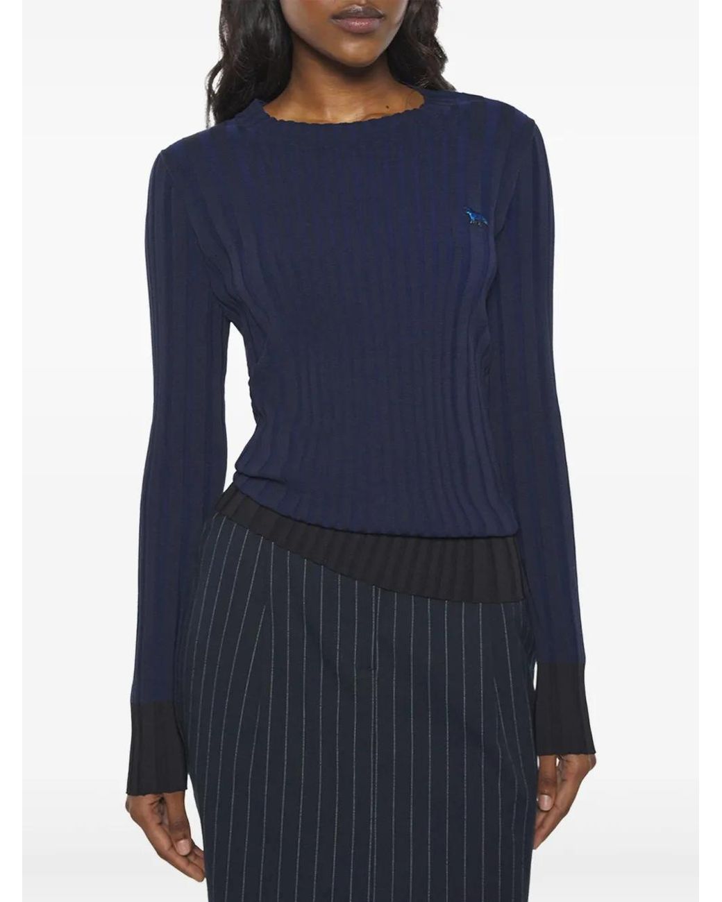 Maison Kitsuné Blue Ribbed Long-Sleeve Sweater