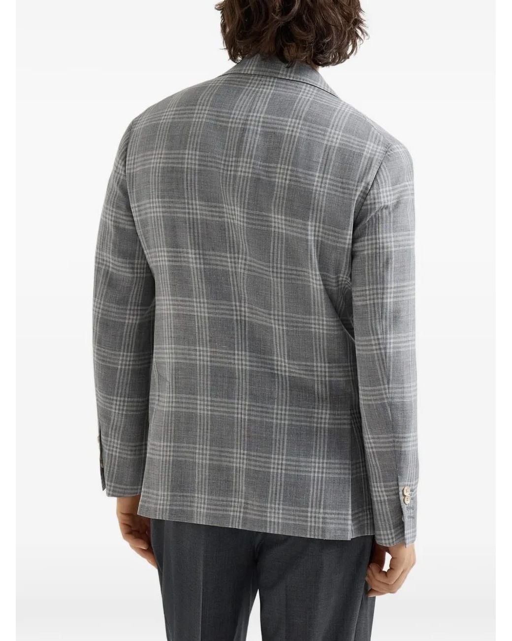 Brunello Cucinelli Gray Wool, Silk And Linen Tartan Deconstructed Blazer for men
