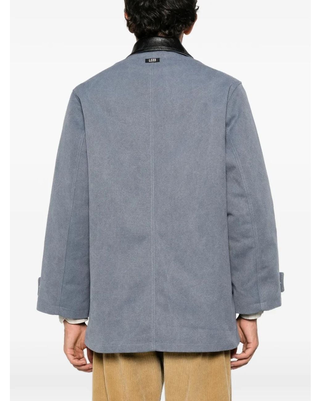 LC23 Blue Contrasting-Collar Flap-Pocket Coat for men