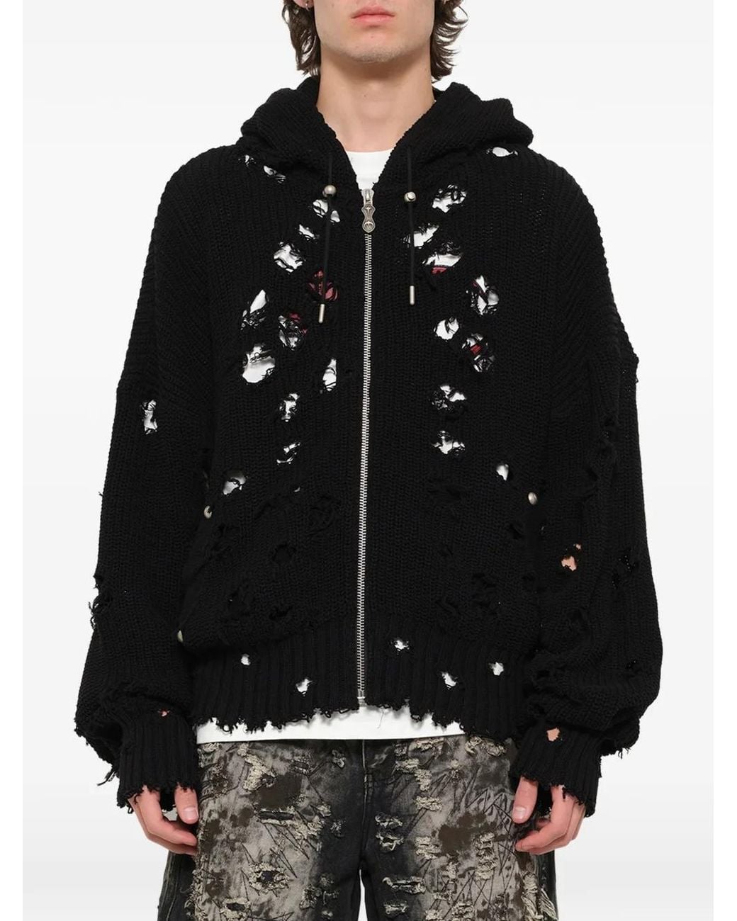 THUG CLUB Black Destroyed-Effect Hoodie for men