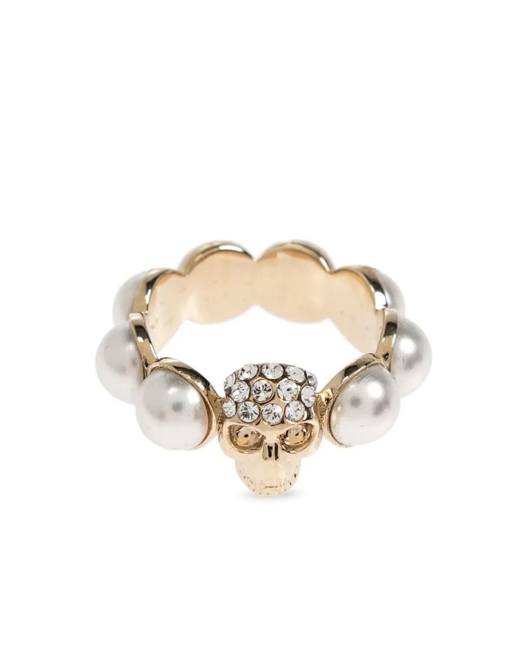 McQueen Metallic Skull And Pearl Ring