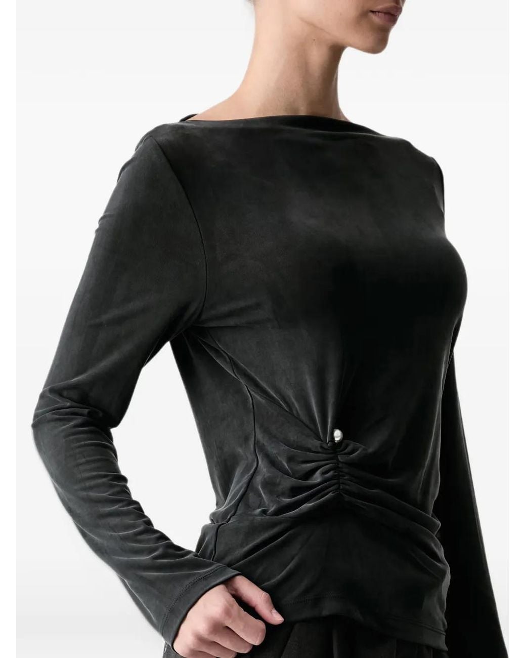 Stine Goya Black Pearl-Embellished Ruched Long-Sleeved Top