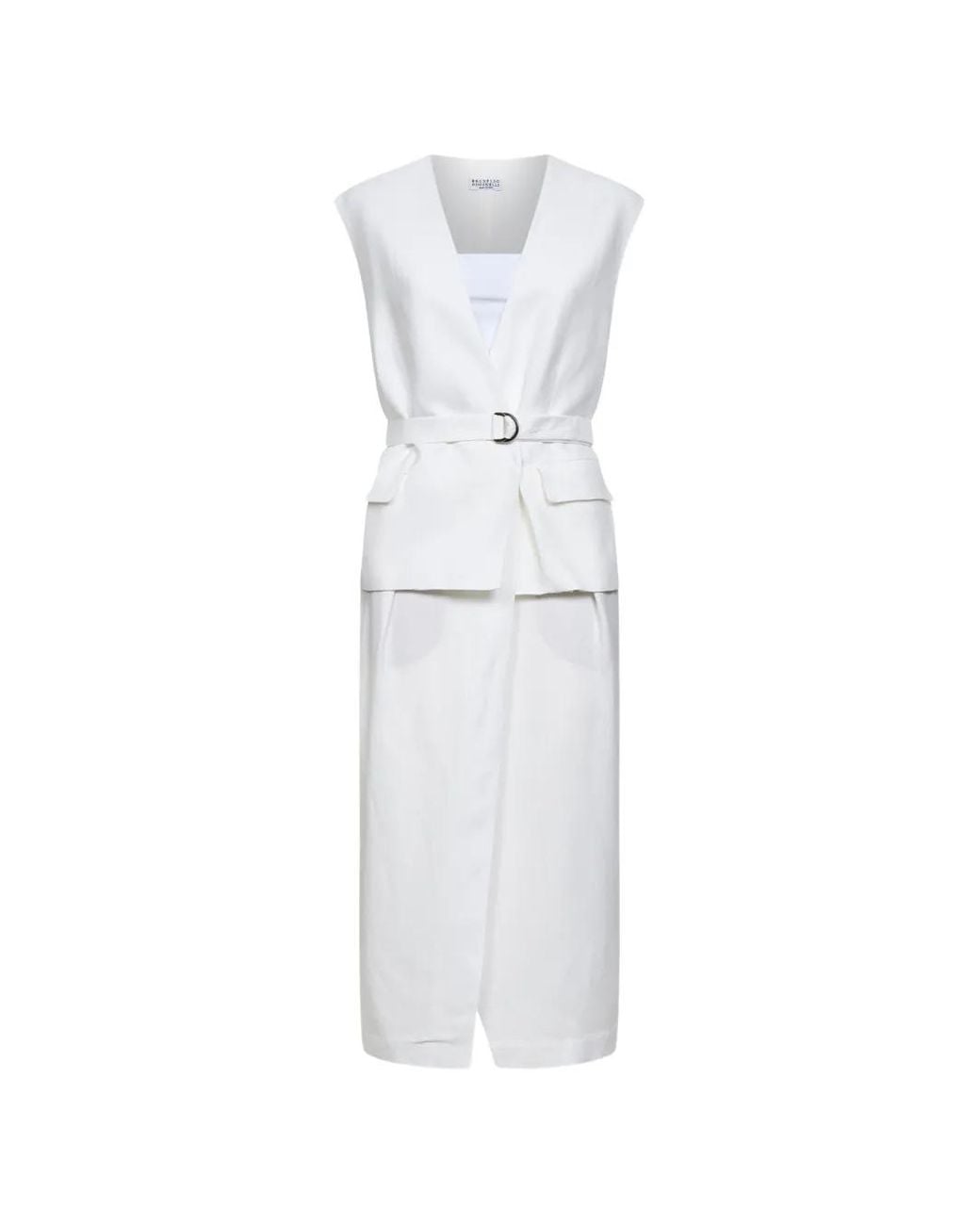 Brunello Cucinelli White V-Neck Belted Midi Dress