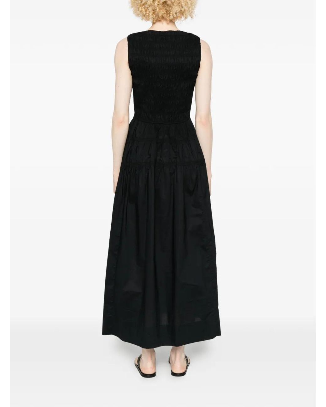 Doen Black Shirred Sleeveless Midi Dress