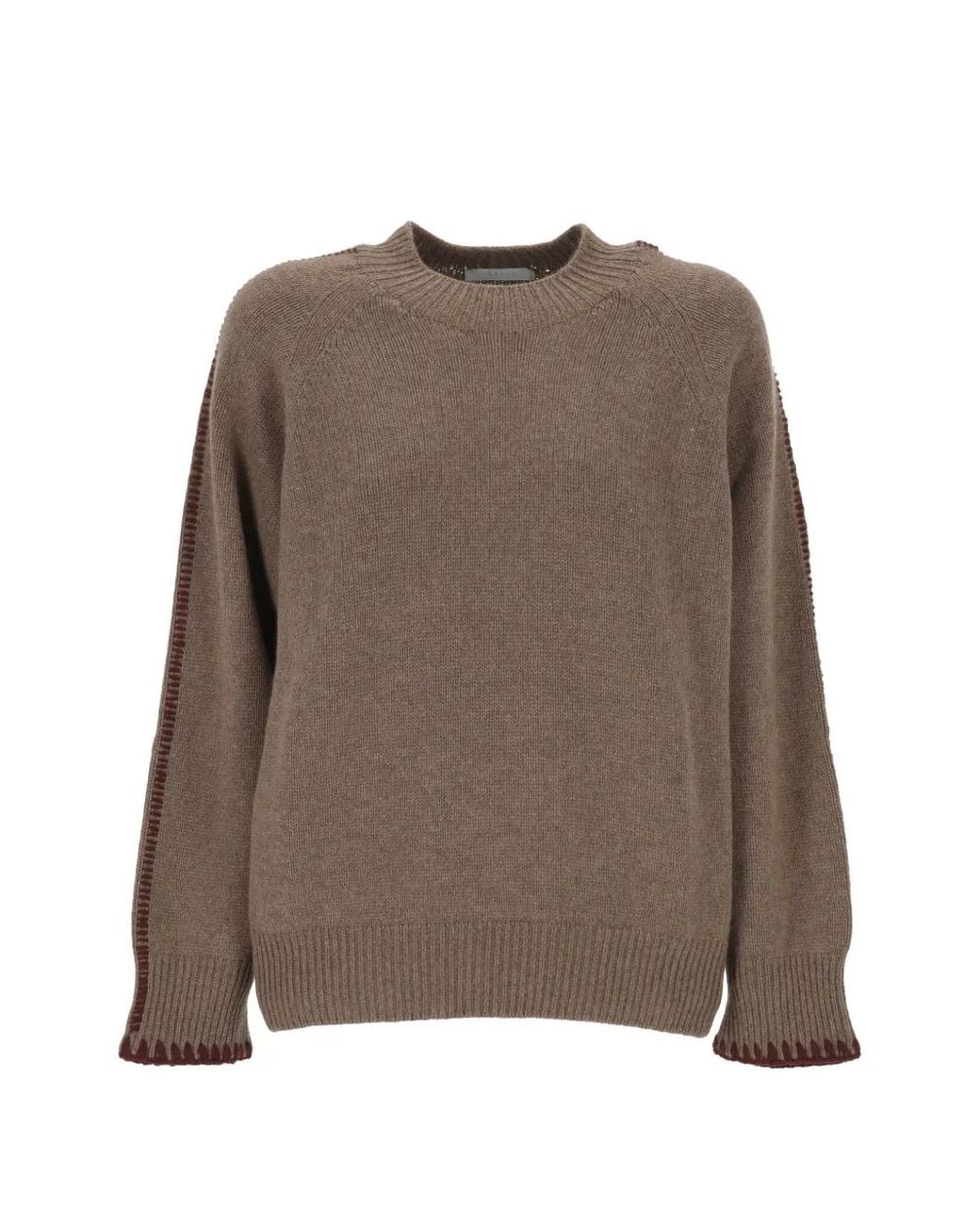 Oliver Lattughi Brown Blanket-Stitched Raglan-Sleeve Sweater