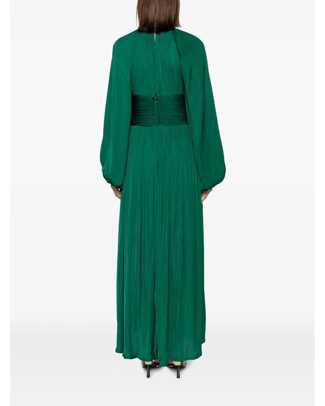 Baruni Green Poet-Sleeve Flared Maxi Dress