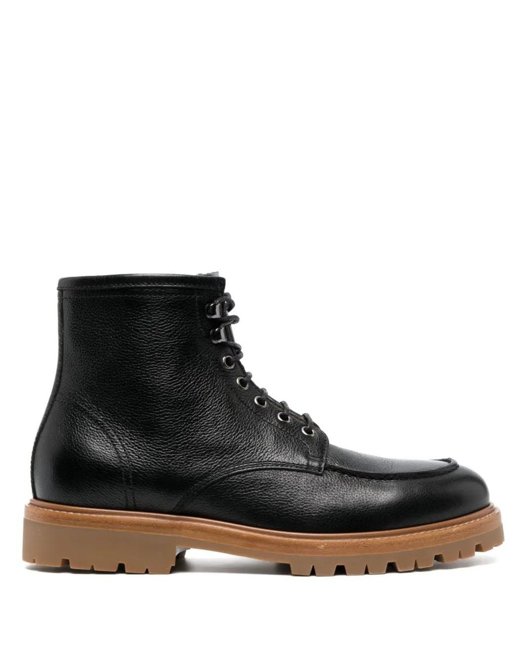 Brunello Cucinelli Black Lace-Up Leather Ankle Boots for men