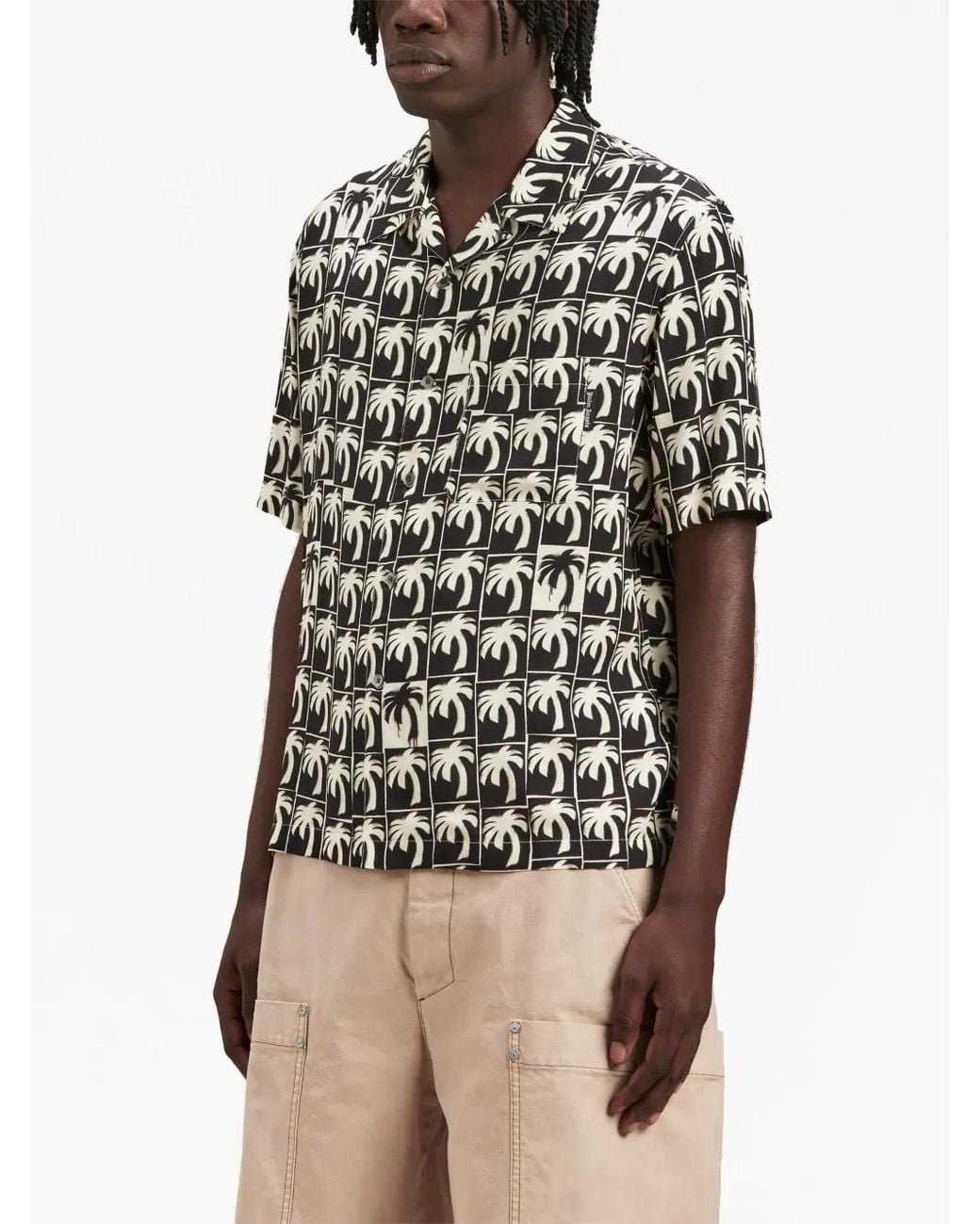 Palm Angels White Palm-Tree Print Bowling Shirt for men