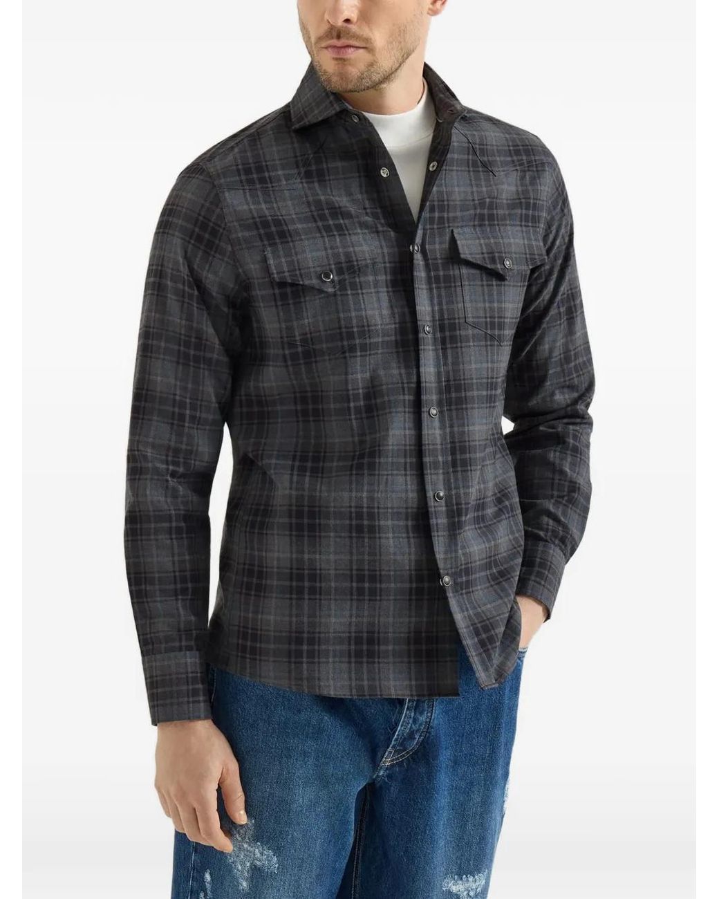 Brunello Cucinelli Gray Cotton Madras Western Shirt for men