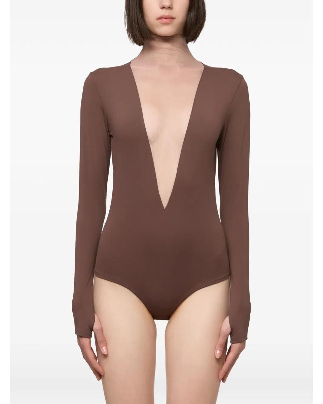 Atu Body Couture Brown Tulle-Insert Long-Sleeve Top