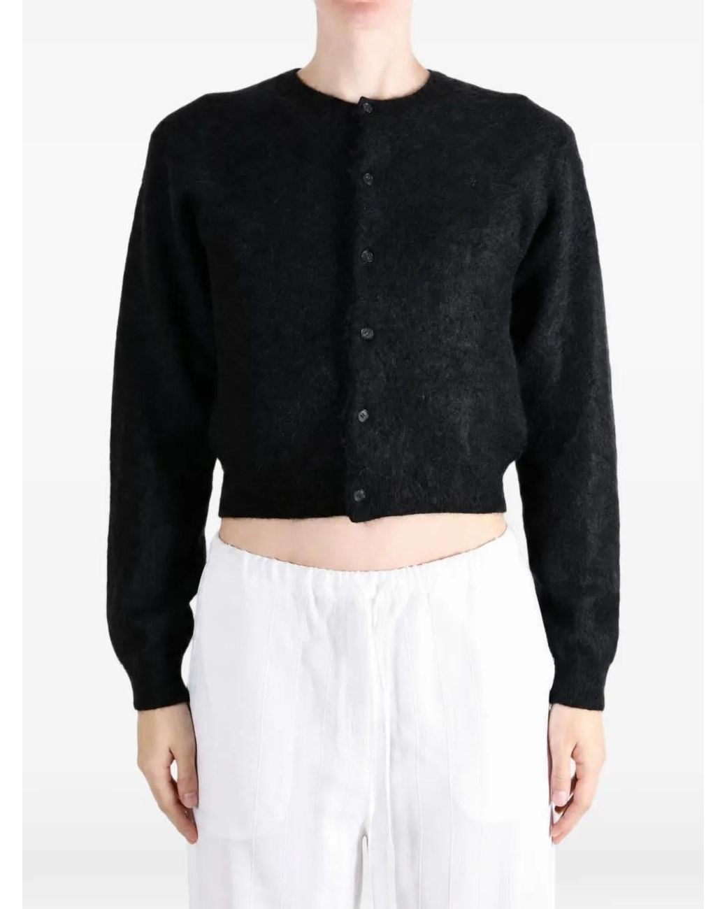 Auralee Black Garment-Dyed Brushed-Knit Cropped Cardigan