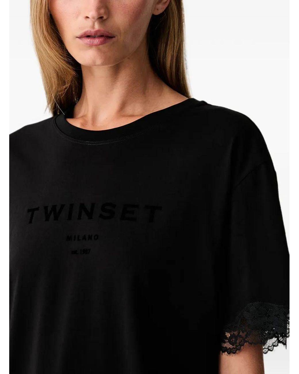 Twinset Black T-Shirt À Logo Imprimé Et Finitions En Dentelle