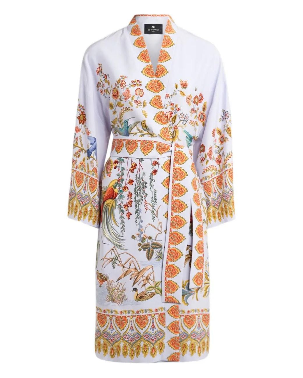 Etro White Flora Fauna-Print Silk Robe