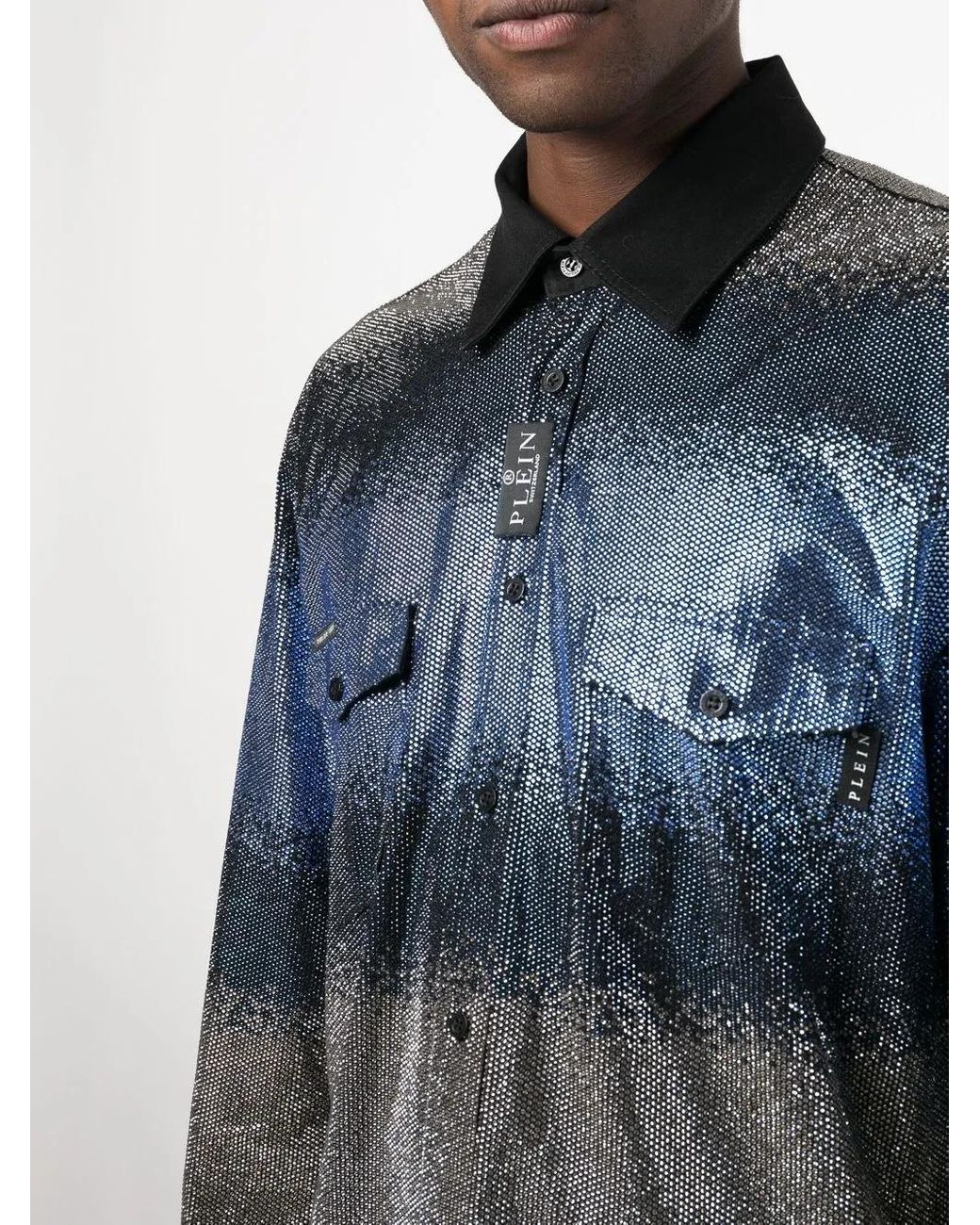 Philipp Plein Blue Striped Sequin Shirt for men