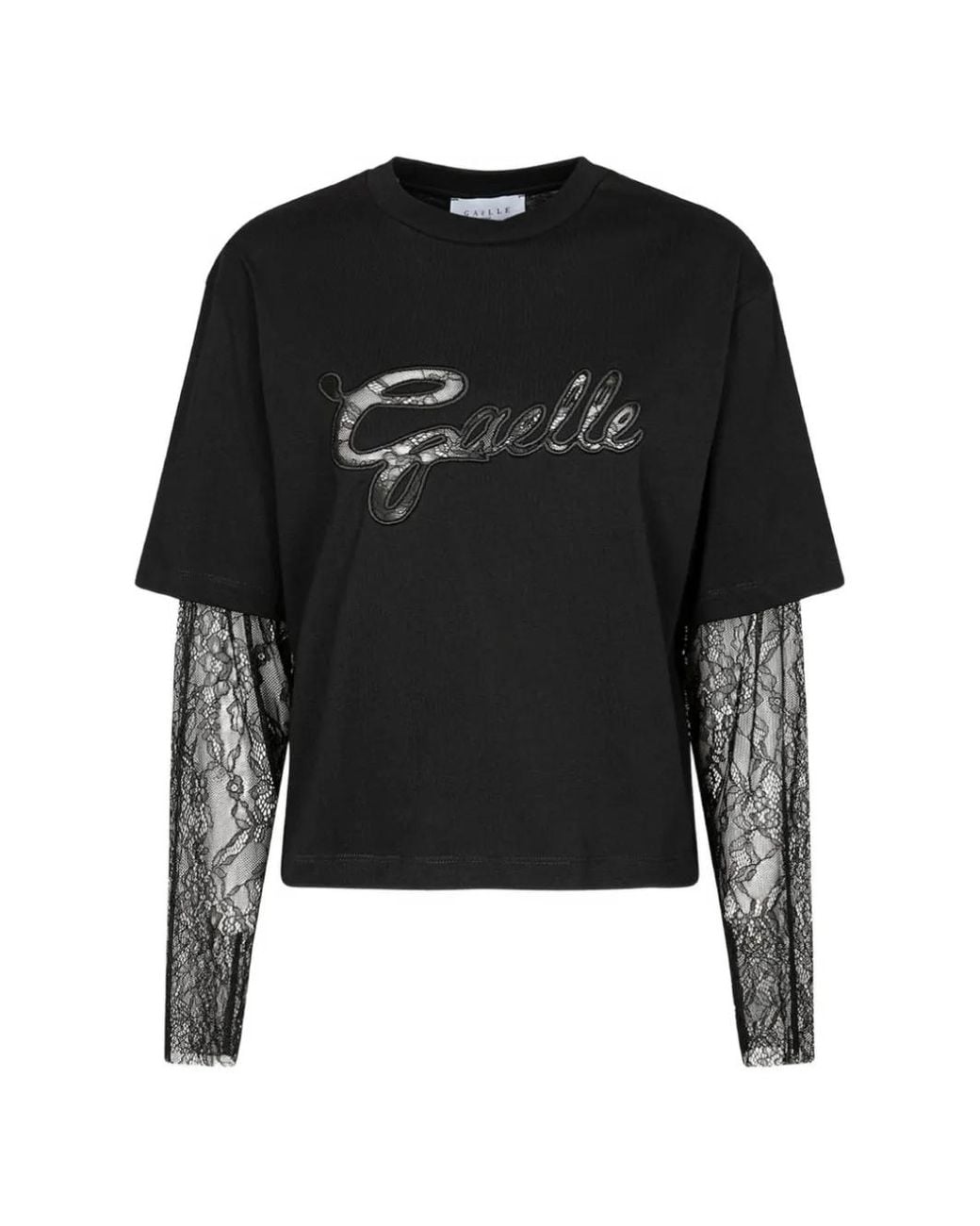 Gaelle Paris Black T-Shirt À Patch Logo Et Empiècement En Dentelle